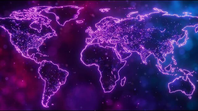 Abstract Stylized World Map of Glowing Nodes, Vivid Purple and Magenta Gradients for Future Global Networks
