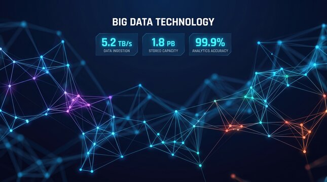 Big data technology background, digital network connection with analytics dashboard, futuristic blue glowing mesh for cloud computing