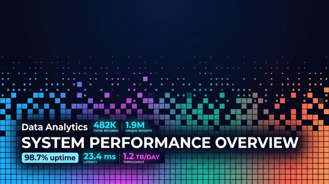 Data analytics system performance overview dashboard, digital information technology background, colorful pixelated data visualization