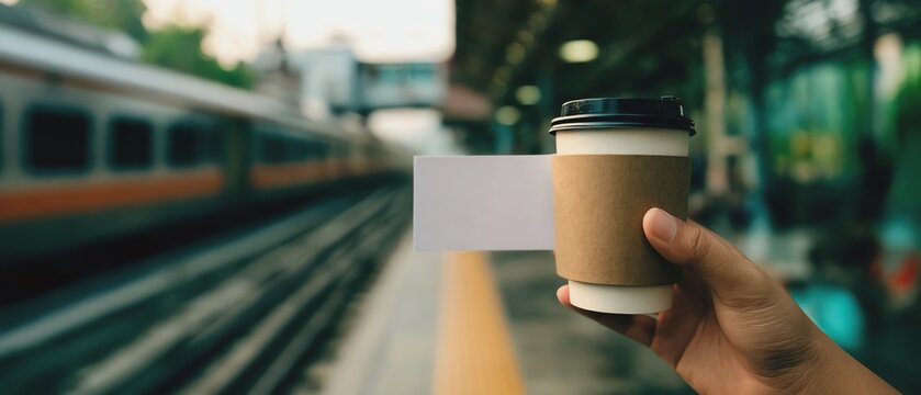 Holding coffee at train station platform.