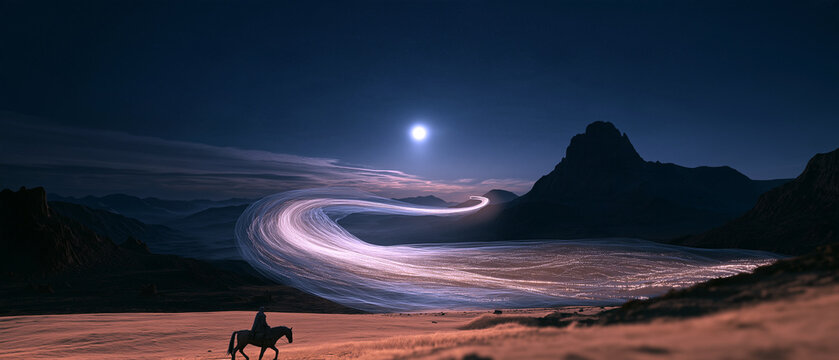 Mid-Autumn moon silk longing concept, moonlight materialized into silk ribbon through mountain silhouettes, oracle bone golden longing symbols sealed, thousand-mile light bridge, poetic oriental cultu