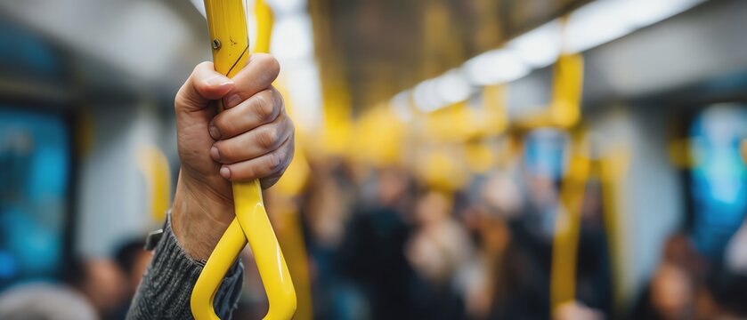 Person holding a yellow strap in a crowded bus.