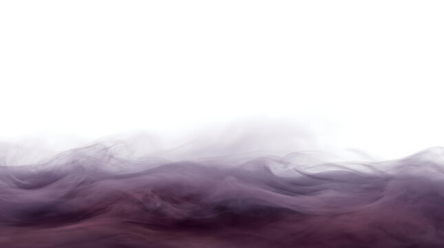 Deep purple smoke rolls and flows across the frame forming a wavy velvety cloud saved as a PNG with isolated transparent background