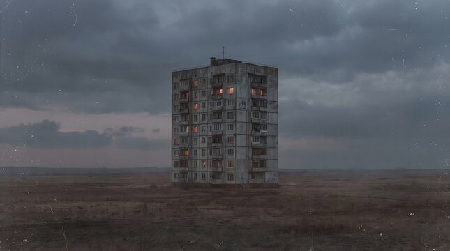 Lonely abandoned Soviet apartment block standing alone in barren wasteland under dark stormy sky