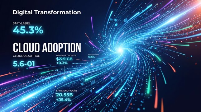Digital transformation and cloud adoption infographic, futuristic data visualization with glowing light trails, business analytics dashboard