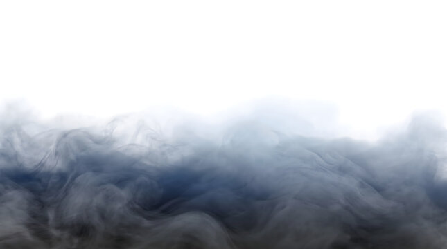 Deep blue smoke swirls and rolls heavily across the frame forming a dense stormy cloud saved as a PNG with isolated transparent background