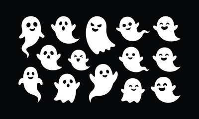Obraz premium Collection of cute white ghosts with various facial expressions isolated on a black background