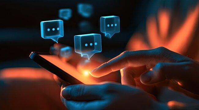 Glowing digital message bubbles appear over a person's hand holding a smartphone
