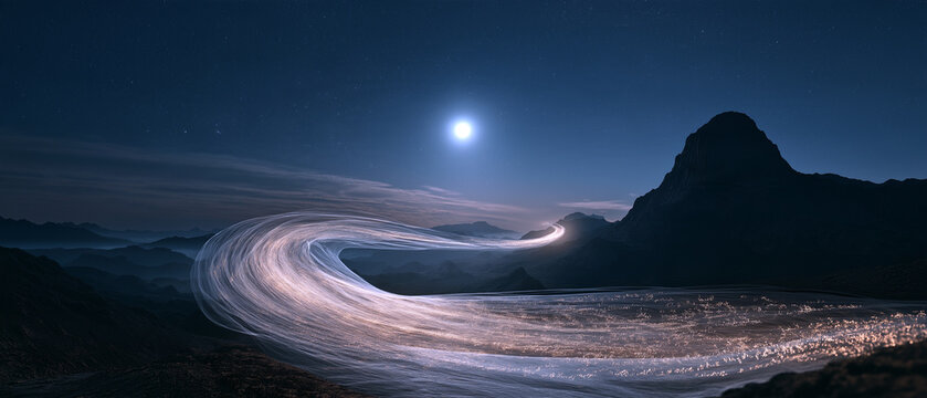 Mid-Autumn moon silk longing concept, moonlight materialized into silk ribbon through mountain silhouettes, oracle bone golden longing symbols sealed, thousand-mile light bridge, poetic oriental cultu