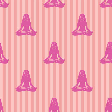 Pink Yoga Lotus Pose Striped Seamless Pattern. Bright pink meditating woman silhouette repeat pattern on pastel striped background for wellness