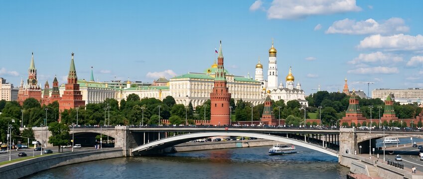 Panoramic View of Moscow Kremlin, Ivan the Great Bell Tower and Bolshoy Kamenny Bridge on Sunny Day