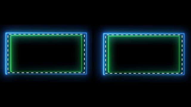 Double neon frame with glowing blue and green borders moving around white dashed lines on black background.