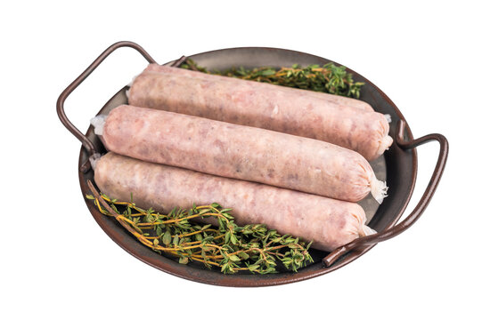 Raw Sausages with minced pork meat, bockwurst isolated on white background. top view