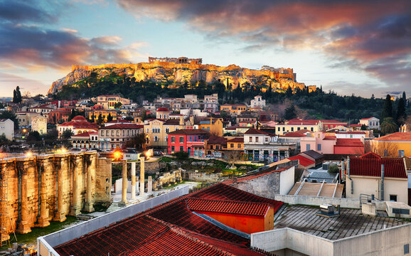 Acropolis with Parthenon temple against sunset in Athens, Greece