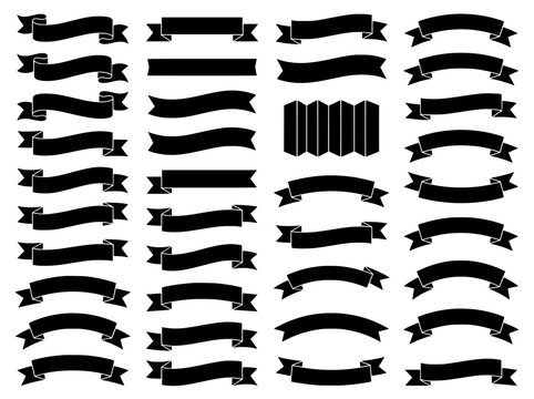 Vintage black ribbon banner set, decorative silhouette scroll collection, 32 classic heraldic ribbon vectors for labels and awards