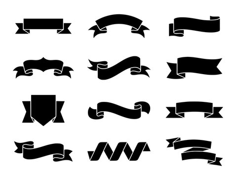 Vintage black ribbon banners set. Collection of 12 decorative scroll silhouettes. Retro heraldic flag elements for labels and logos.