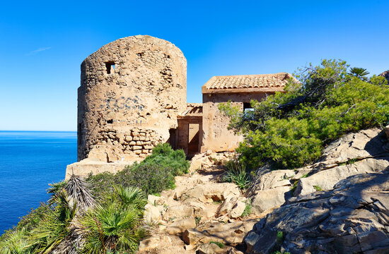 Mallorca - The tower of Cala Basset (Torre de Cala en Basset) is a watchtower, located in the mountains of Tramuntana Majorca, Spainns of Tramuntana Majorca