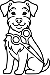 Fototapeta premium Friendly cartoon dog with scissors, flat design illustration for grooming services, isolated on white