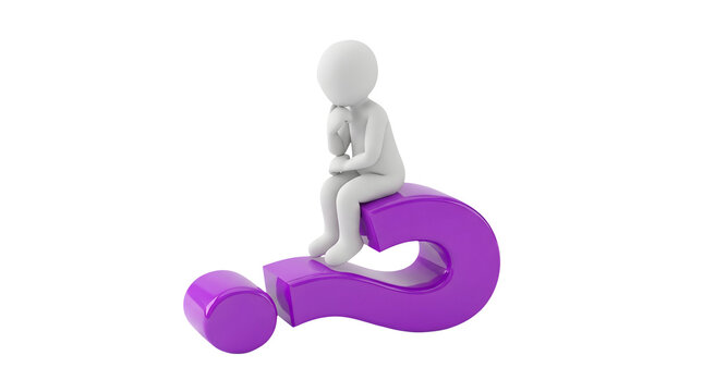 3D white character sitting on a purple question mark symbol representing problem solving
