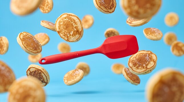 Levitation of mini pancakes and red spatula on blue.