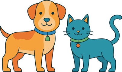 Obraz premium Stylized cartoon dog and cat stand side by side, flat design illustration, isolated on white background