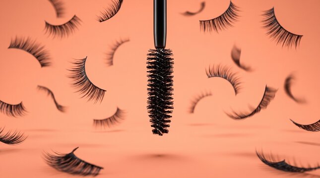 Professional mascara wand with scattered false eyelashes on peach background.