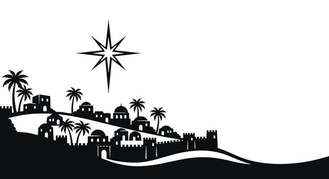 Bethlehem City Skyline in Corner with Star of Bethlehem, Christmas Cityscape Corner Border Biblical Vector Silhouette