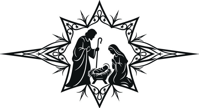 Holy Family Inside Star of Bethlehem, Nativity Scene Ornament Frame with Mary Joseph and Baby Jesus, Luke 2 Christmas Vector Silhouette