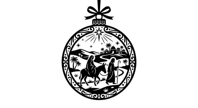 Journey to Bethlehem Christmas Bauble Ornament, Mary Riding Donkey Inside Hanging Christmas Ball, Luke 2 Nativity Vector Silhouette