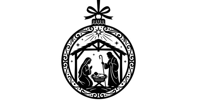 Holy Family Nativity Scene Christmas Bauble Ornament, Baby Jesus in Manger Inside Hanging Christmas Ball, Luke 2 Vector Silhouette