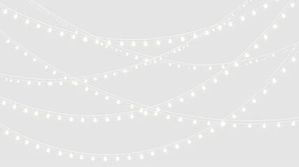 Obraz premium Hanging white fairy lights on transparent background. Draped string lights garland overlay. Festive holiday decoration element