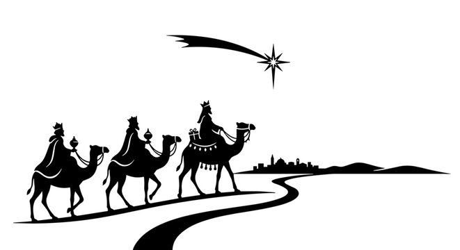Three Wise Men Riding Camels with Shooting Star, Three Kings Following Bethlehem Star Vector Silhouette