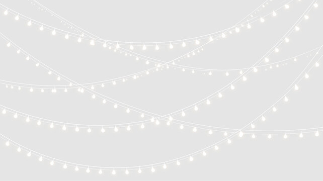 Hanging white fairy lights on transparent background. Draped string lights garland overlay. Festive holiday decoration element