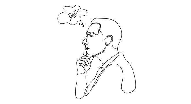 Man in Profile Thinking of Bird, Continuous Line Art