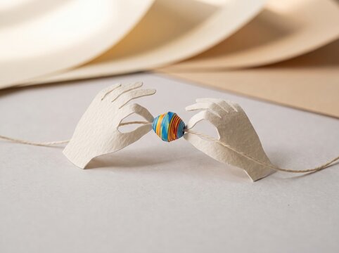 Hands Holding Colorful Paper Bead in Creative Paper Craft Artwork Displaying Intricate Design