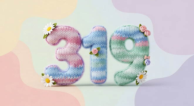 Charming knitted numbers 319 with decorative flowers and bows, soft pastel background with flowing shapes, perfect for baby announcements or birthdays.