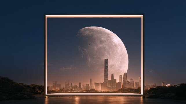 Mid-Autumn intangible heritage light concept, full moon framed in minimalist glowing frame, intangible cultural heritage label, moonlight illuminating modern city silhouette, tradition protection cont