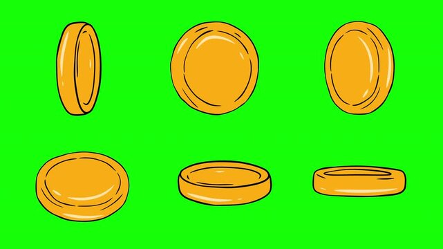 Animated cartoon gold coin spinning along Y-axis and X-axis on green screen background. Seamless 2D loop sequence showing different rotation angles, front view, side view and top perspective for game 