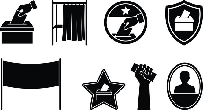 Voting and election icon collection featuring ballot boxes, polling booths, voter verification, ballot shields, campaign banners, civic participation and election symbols