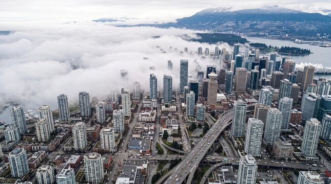 Aerial view of modern city skyline emerging from dense white morning fog