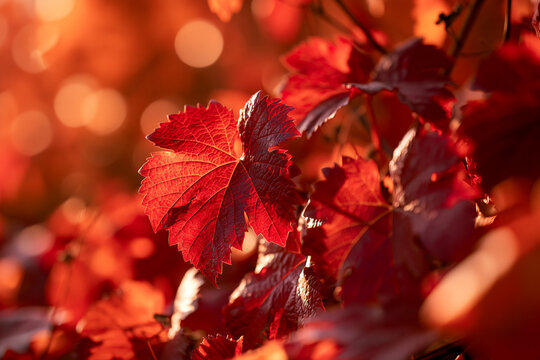 Vibrant Red Autumn Leaves Glowing in Golden Sunlight