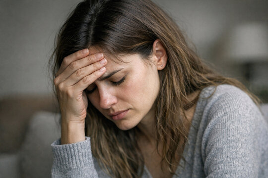 A woman showing concern on her face, suggesting deep thought, worry or empathy towards someone or something.