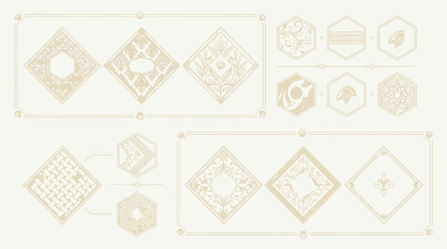 Ornate geometric patterns and decorative elements on transparent background