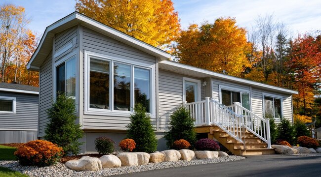 Modest manufactured home with colorful autumn foliage surrounding