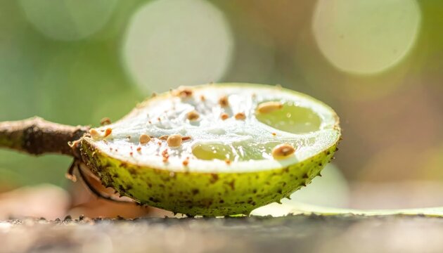 Macro slice of green fruit on tree branch.