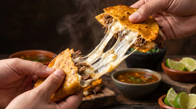 Close Up Cheese Pull Action Shot of Hot Quesabirria Taco for National Taco Day