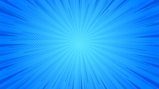 Blue comic radial speed lines background. Vector burst or sunbeam texture for superhero action, manga, and cartoon design. Bright light rays centered backdrop, blue rays background