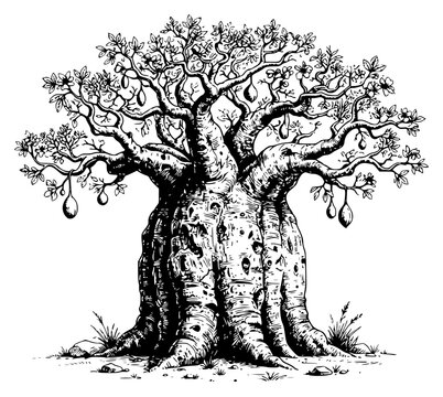 Vintage ink sketch of a baobab tree thick trunk detail bot set with simple line art design featuring sketches, drawings, vector graphics with minimalist and simple illustrations