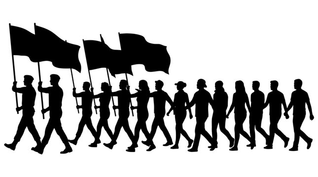 Black silhouette of a crowd of people marching and holding flags, representing protest, demonstration, social movement, activism and collective