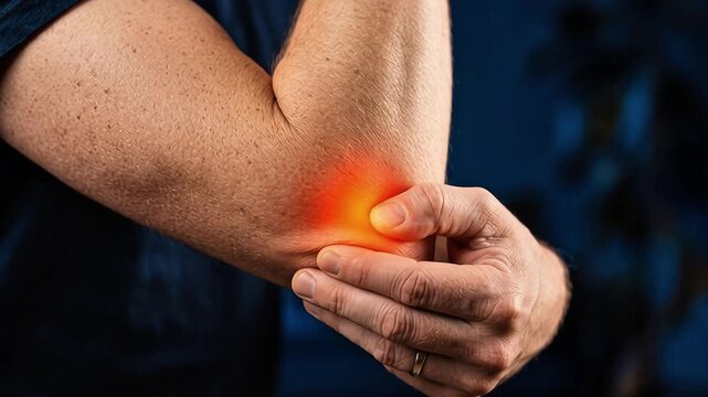 Close-up of a man massaging his painful elbow joint with an orange pain indicator highlight against a dark background